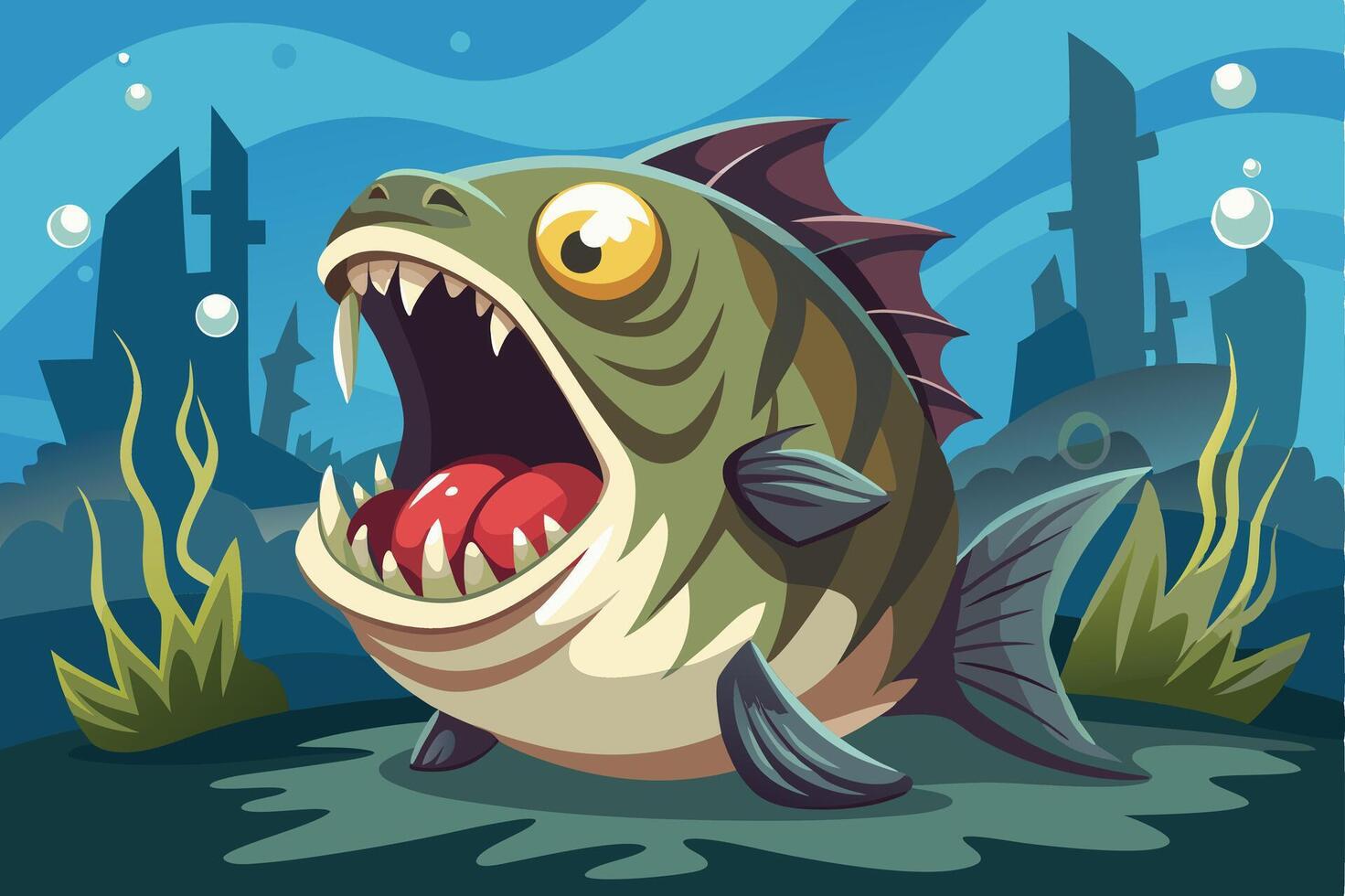 A cartoon fish with big teeth and a big mouth vector