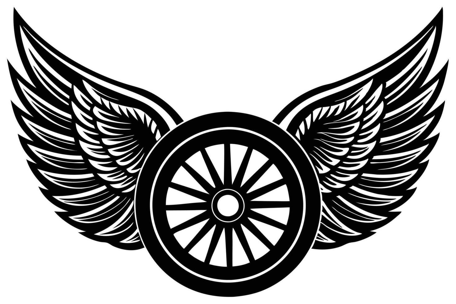 A black and white illustration of a motorcycle wheel with wings vector
