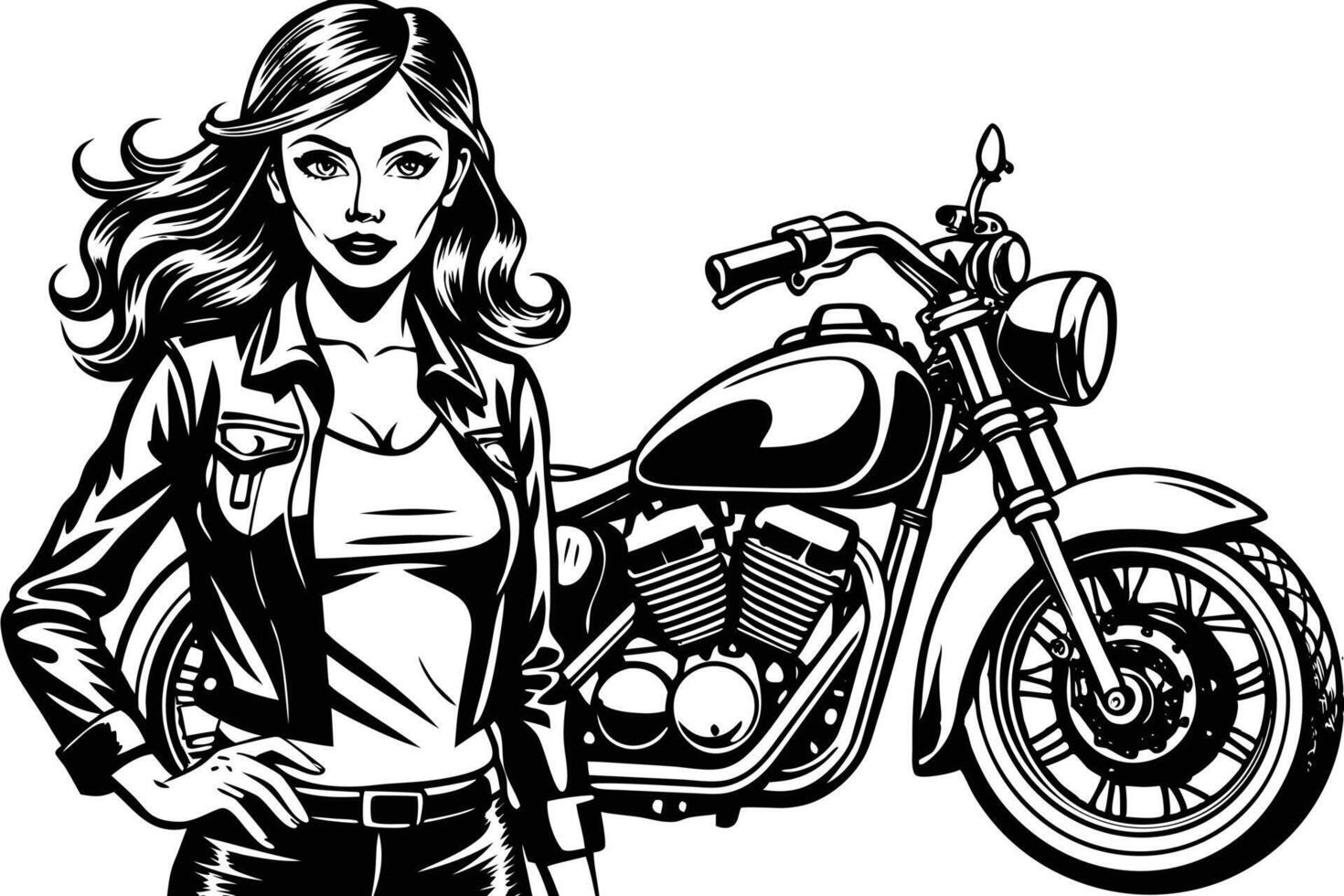 A woman with a motorcycle in black and white vector