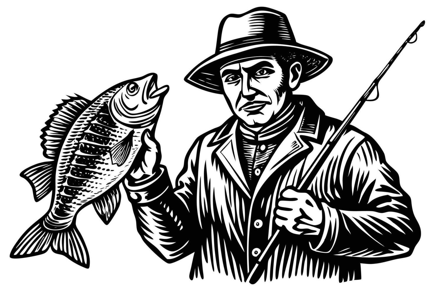 A man in a hat holding a fish vector