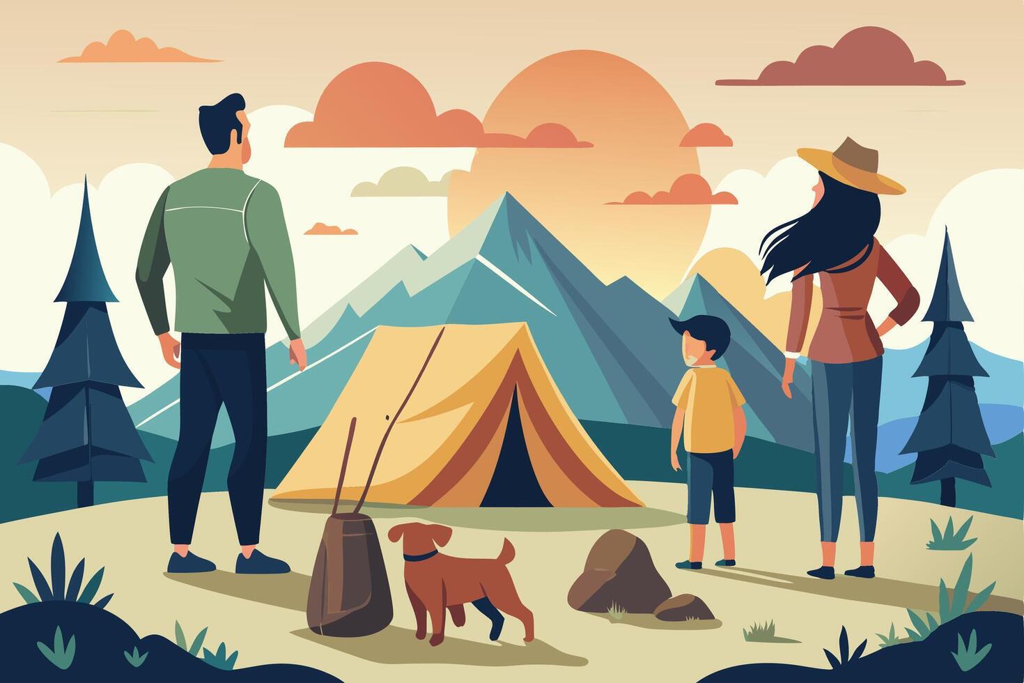 Family camping in the mountains with dog illustration vector