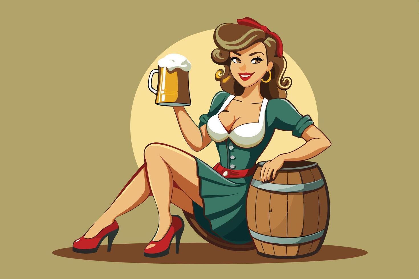 Pin up girl with beer and barrel vector