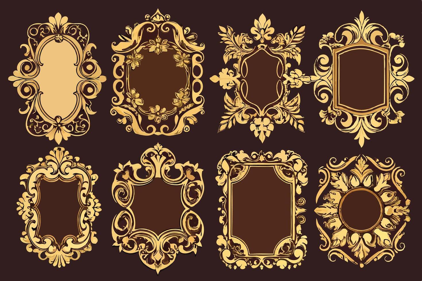Golden ornate frames and borders on a brown background vector