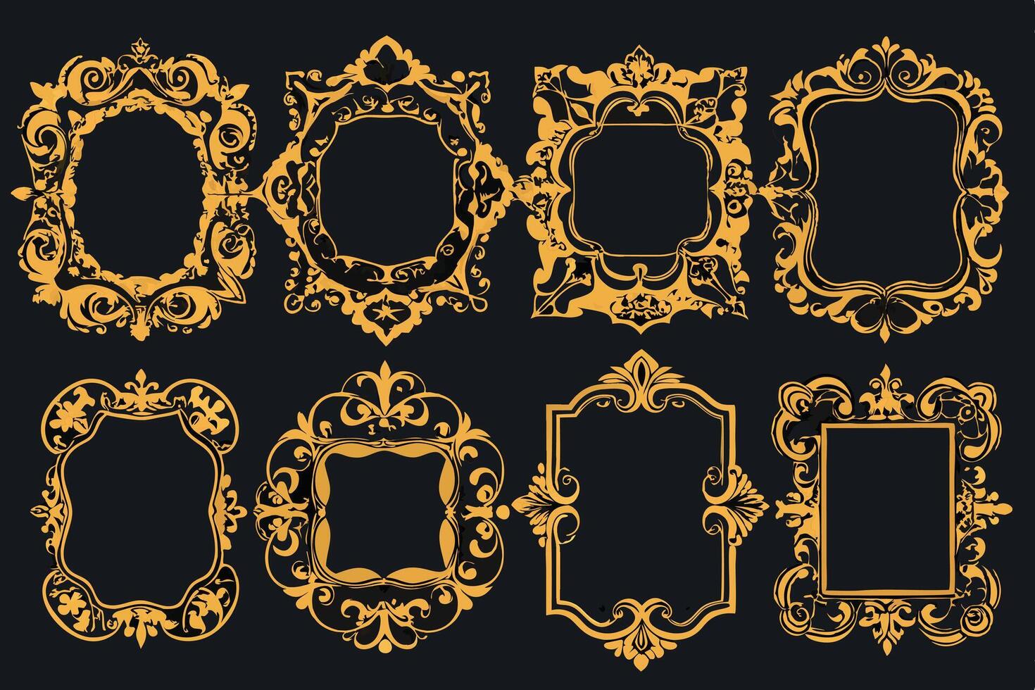 Golden ornate frames set on black background vector
