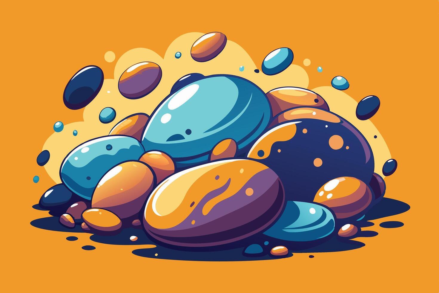 A colorful set of rocks and bubbles on an orange background vector
