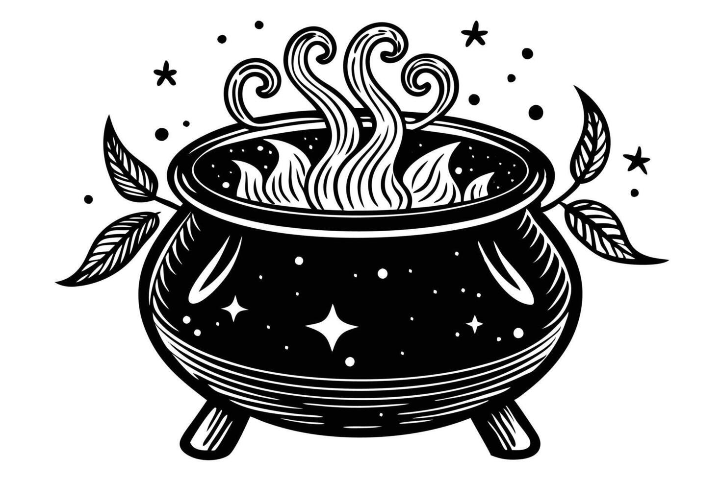 A black and white illustration of a cauldron with a fire inside vector