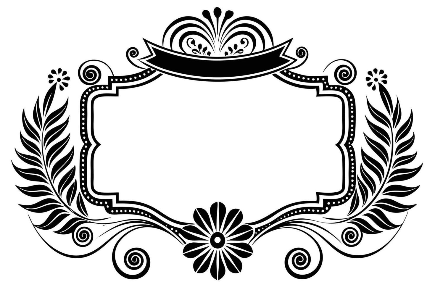 A black and white ornamental frame with a ribbon and leaves vector