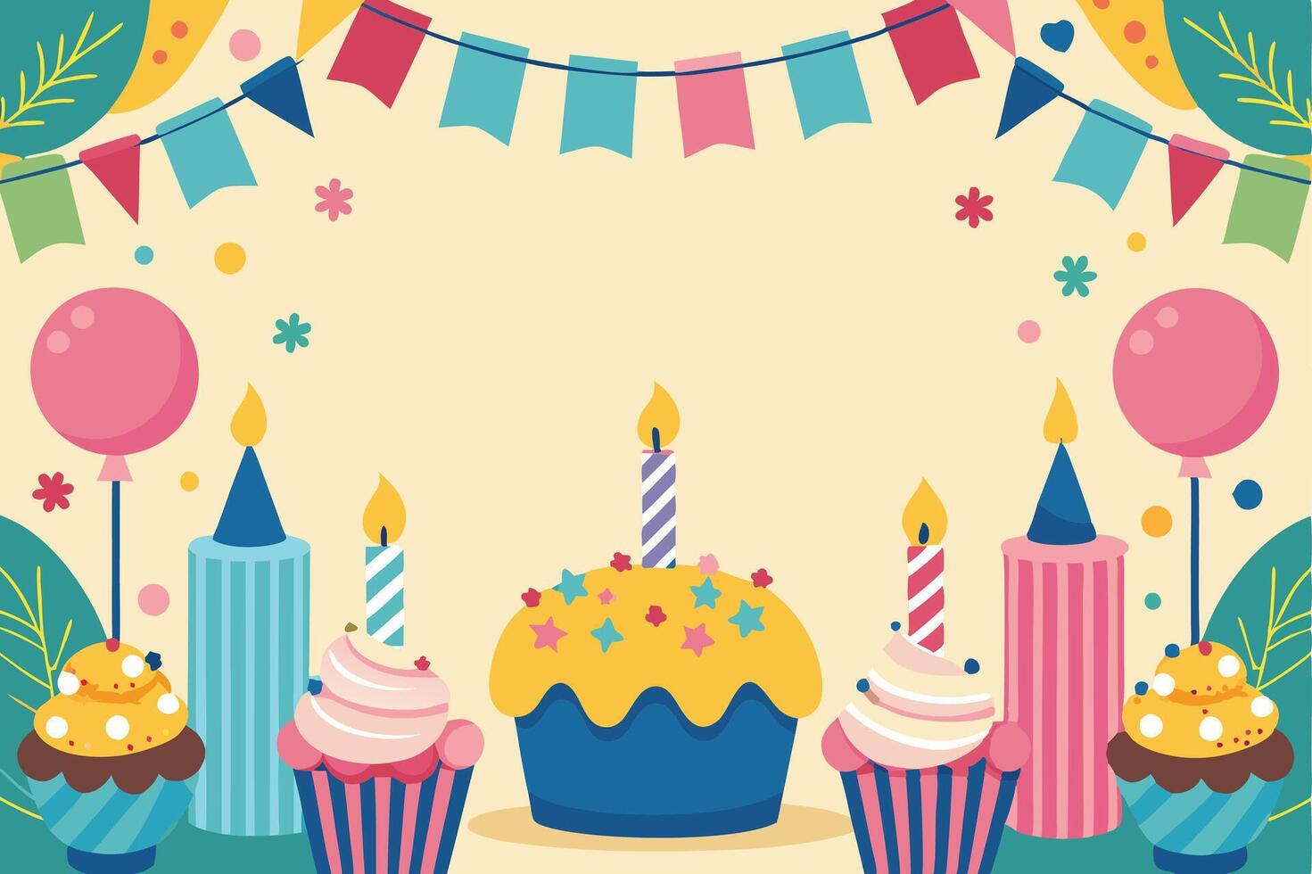 Birthday party background with cupcakes and candles vector