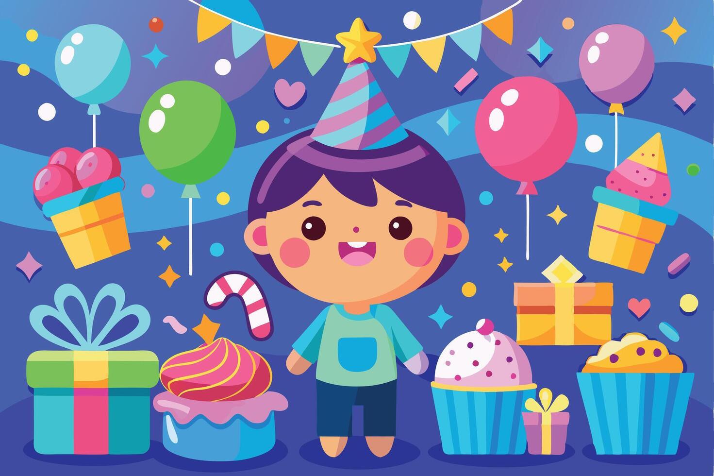 A boy is standing in front of a birthday party vector