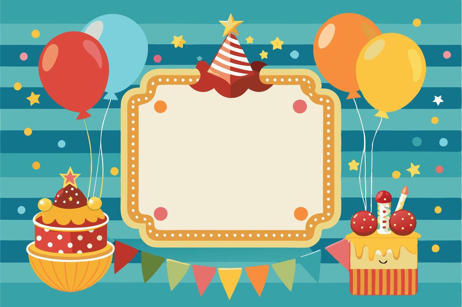 Birthday card with cake, balloons and a frame vector