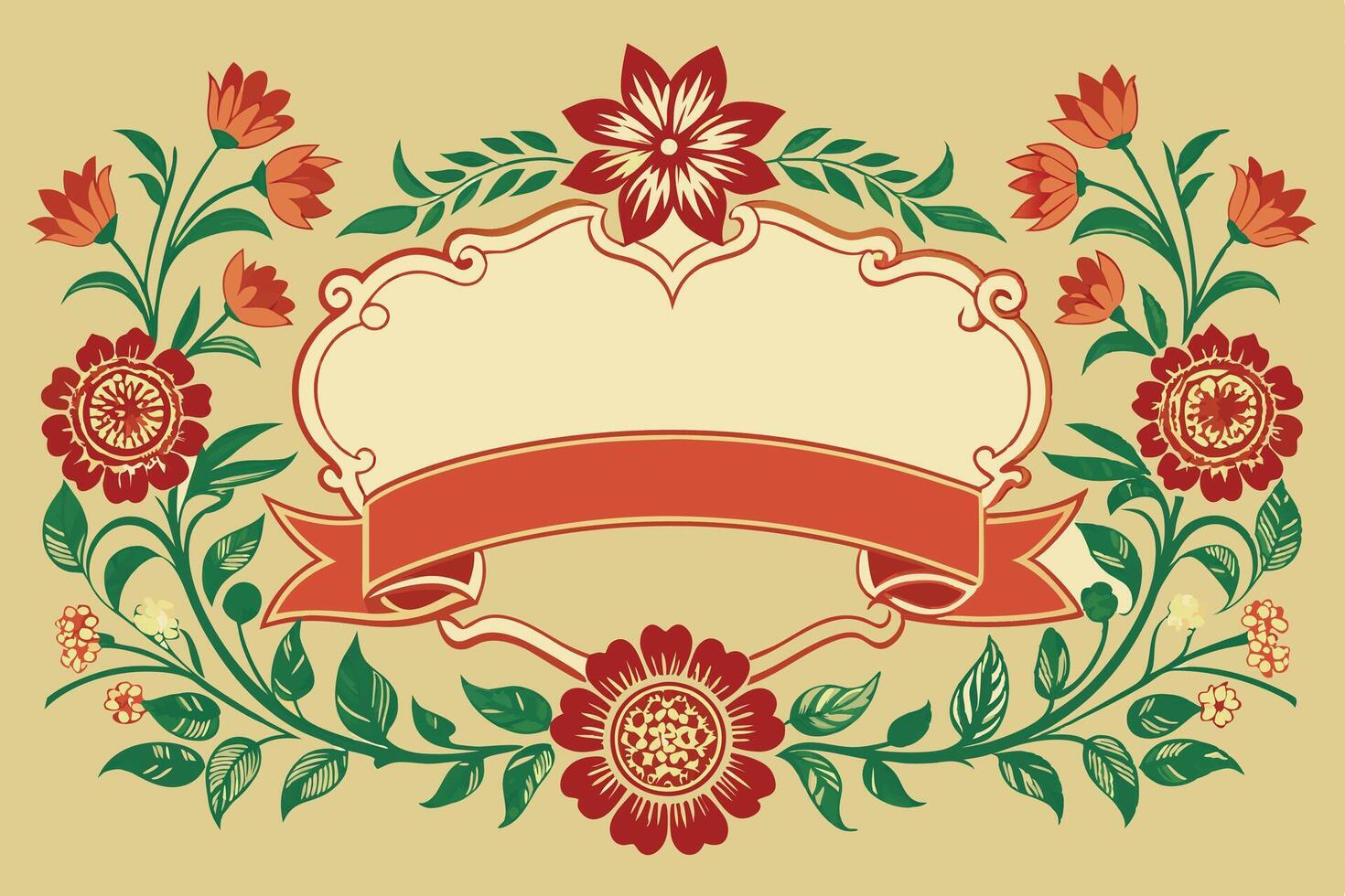 Floral frame with red ribbon and flowers on a beige background vector