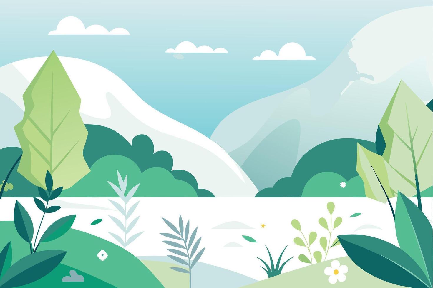 A cartoon illustration of a green landscape with trees and plants vector