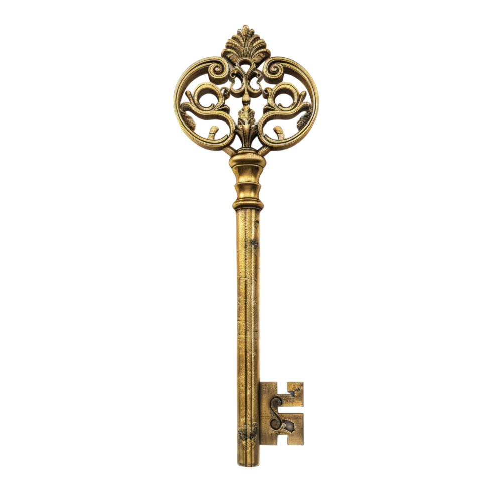Antique golden door key isolated on transparent background png