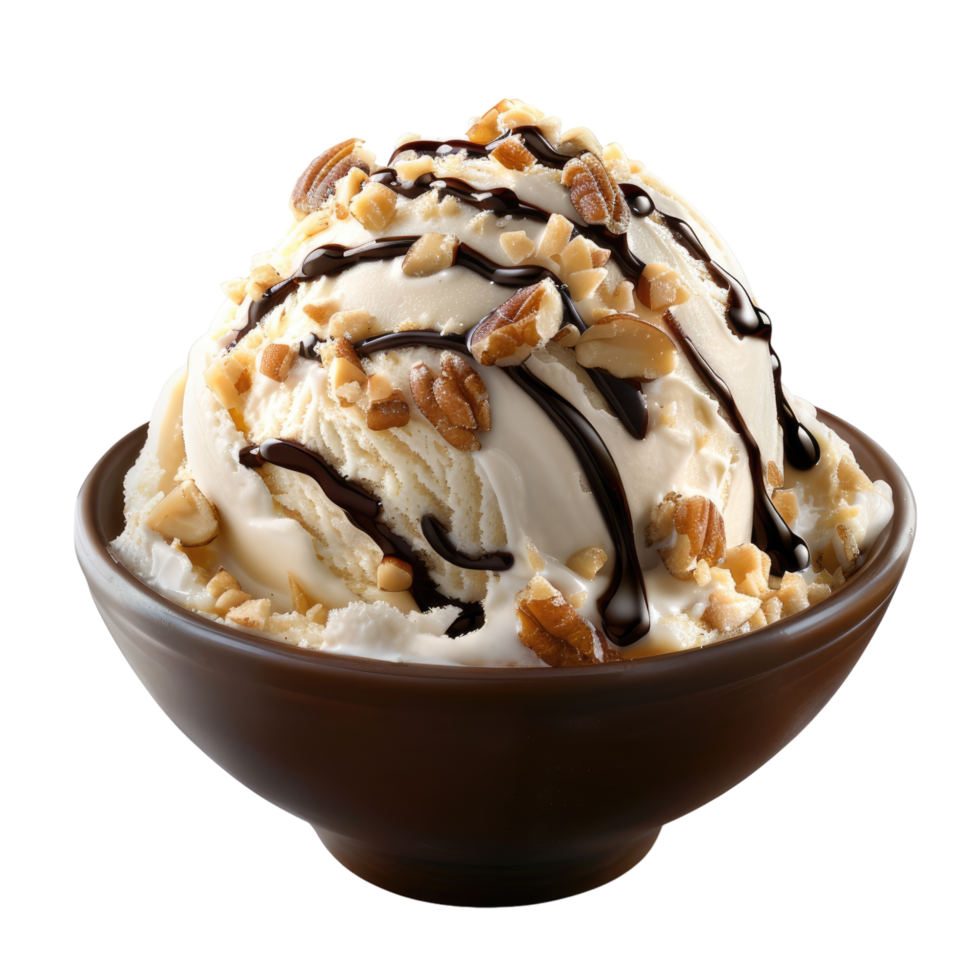 Ice cream bowl with topping of nuts isolated on transparent background png