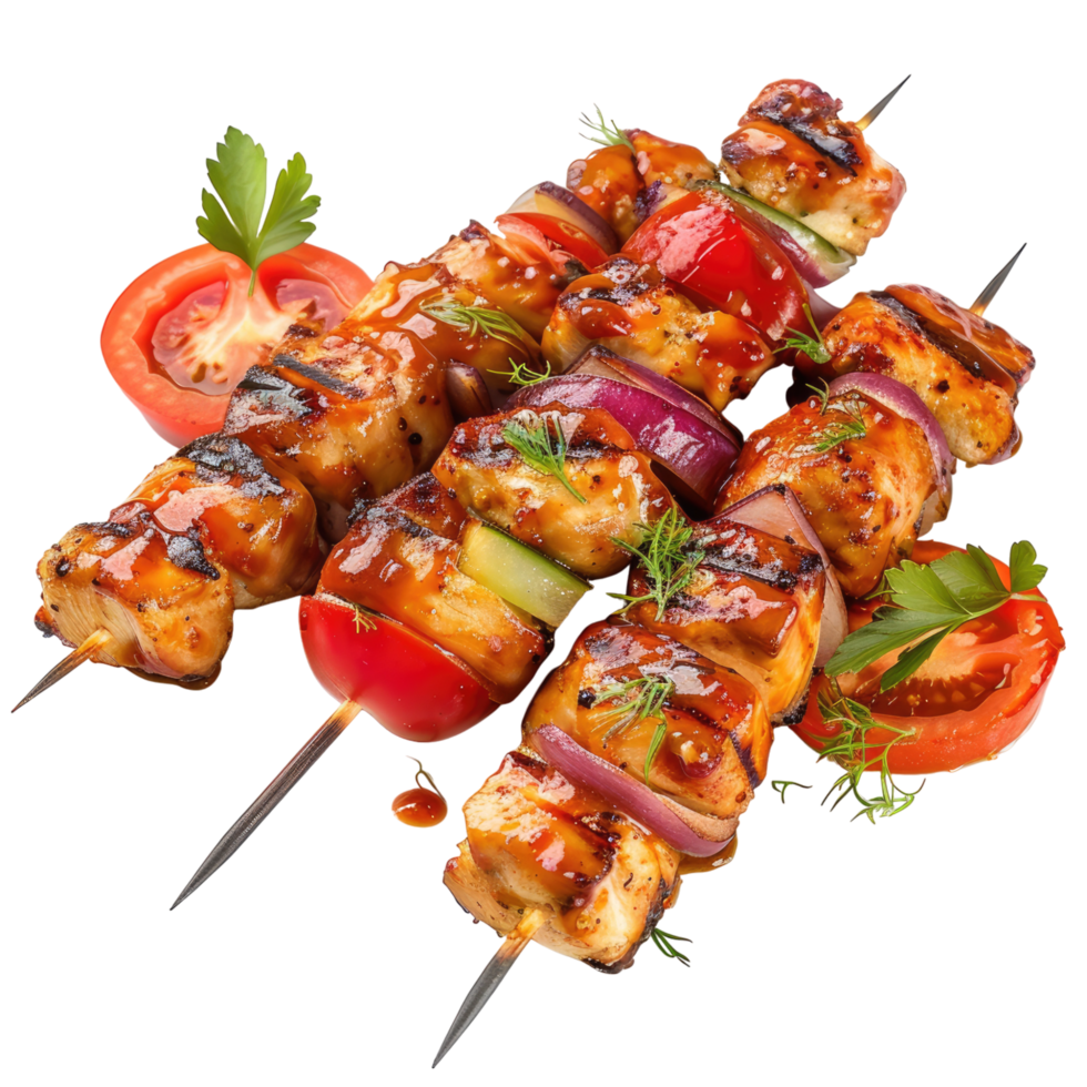 Grilled Chicken kabab skewer with tomato sauce isolated on transparent background png