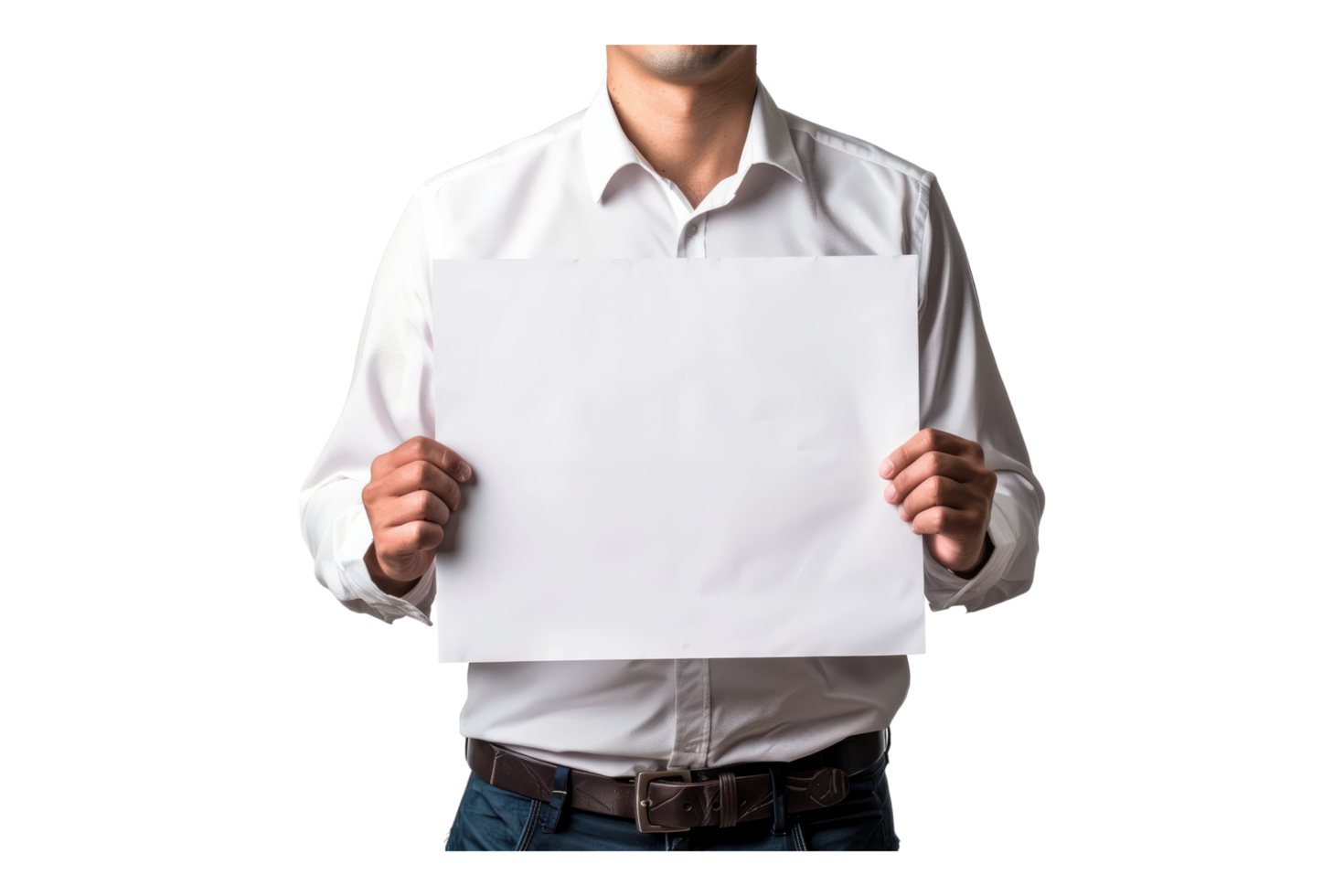Close up of man holding blank white paper for writing issues or demands isolated on transparent background. png