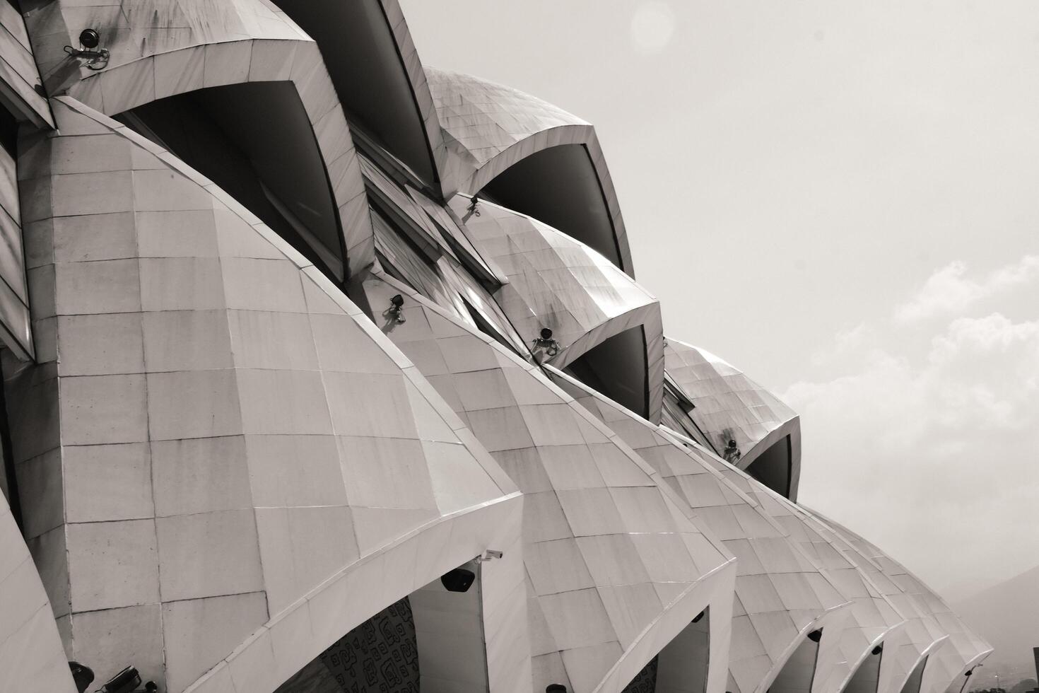 Black and white photo of the magnificent dome of the Al-jabbar mosque shaped like fish scales. Textured Details. Wallpaper Backgrounds. Monochrome Photography Concepts