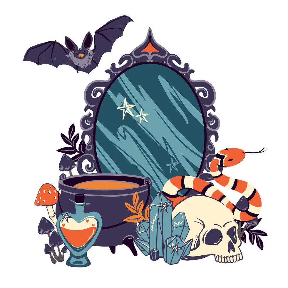 mystical illustration with magic mirror, black cauldron, crystal ball, skull, bat and snake. Concept art for tattoo or occult project. Witchcraft, astrological, esoteric, magic symbols. vector