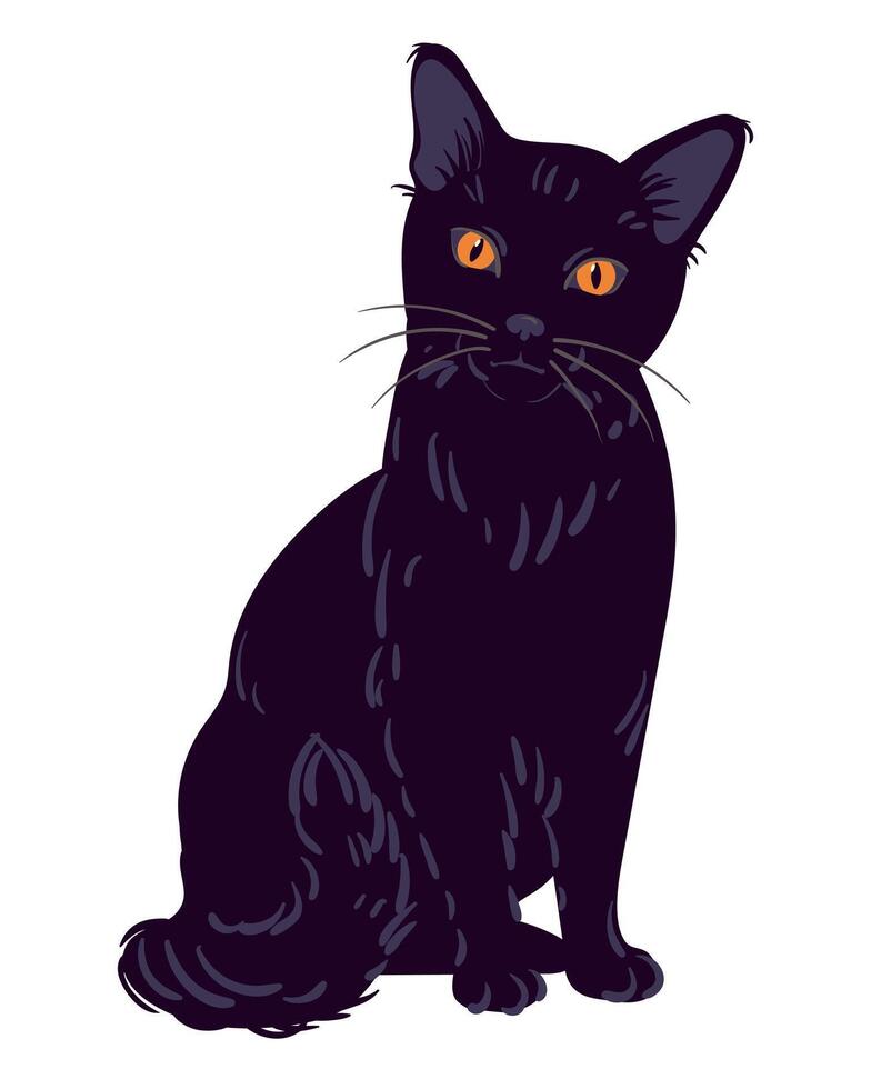 Black cat, illustration, cartoon character, animal in flat style. Magic familiar for witch, totem animal, symbol of wisdom and knowledge. Kitten sits and looks straight, on white background. vector