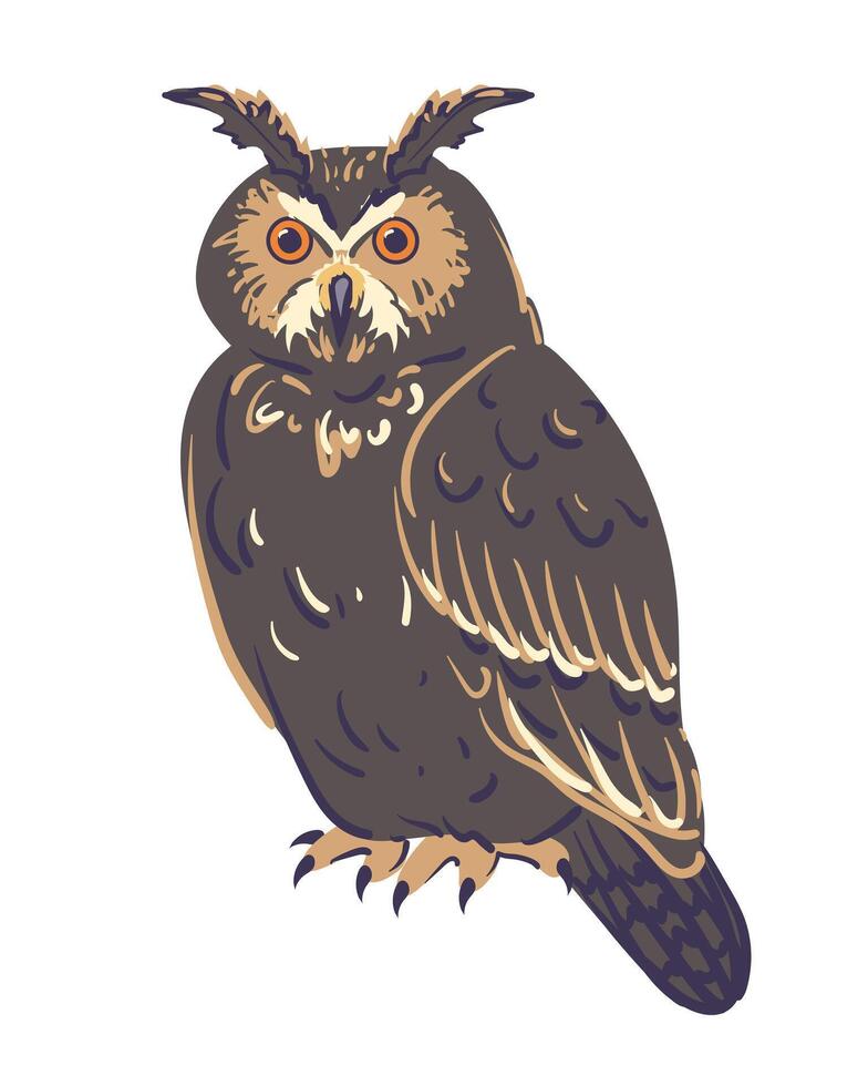 Great horned owl, illustration, cartoon character, animal in flat style. Eared owl isolated on white. Magic familiar for witch, totem animal, symbol of wisdom and knowledge. vector