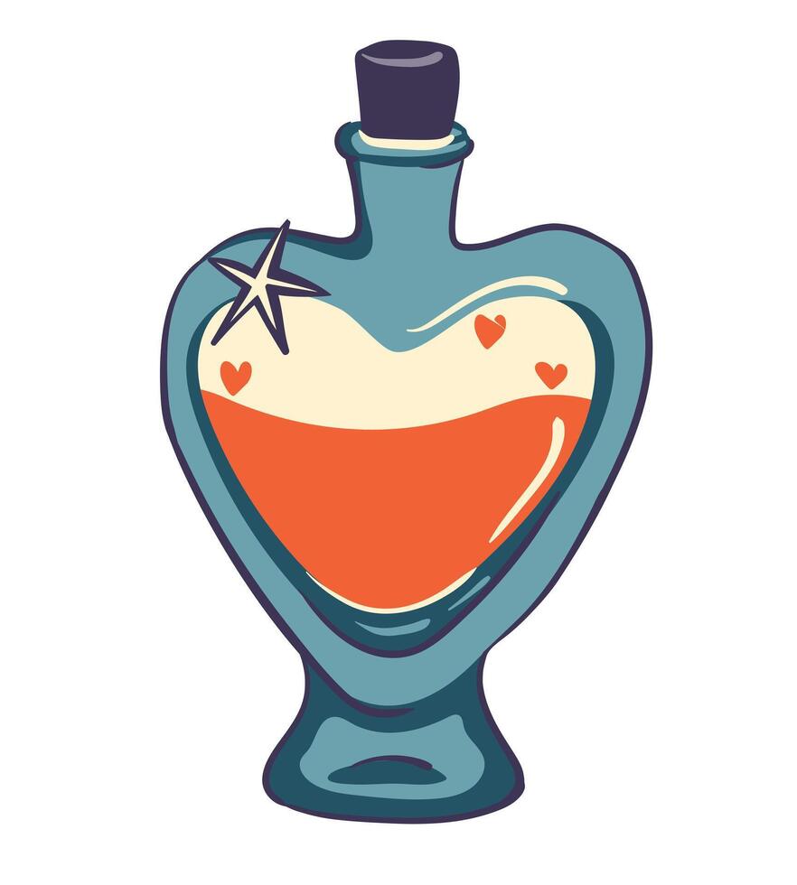 Magic love elixir in a heart-shaped bottle. Witchcraft potion to evoke feelings of love isolated on white. Witch poison on a white background. vector