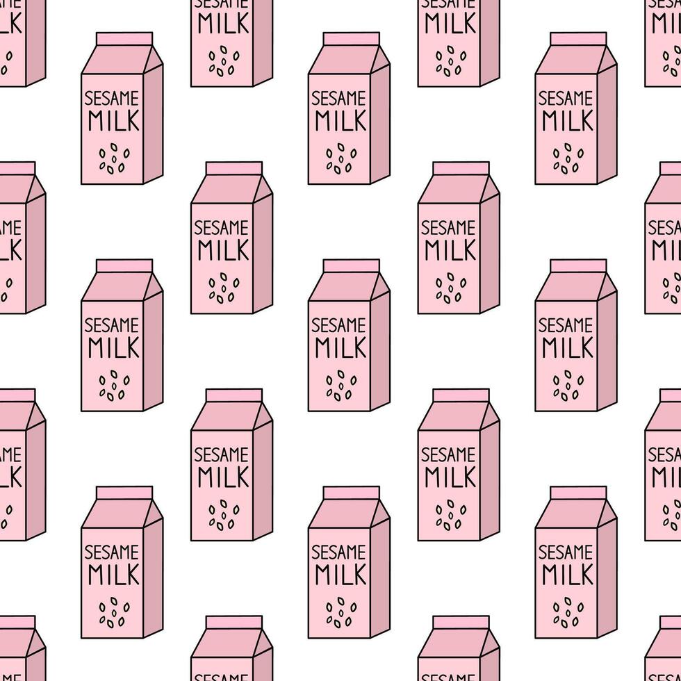 Seamless Pattern with Sesame Vegan milk. Box Carton packaging. flat illustration. vector