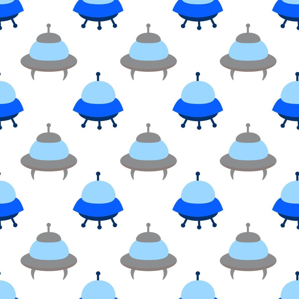 Alien gray and blue spaceships, spacecrafts and UFO Seamless Pattern. Cosmic ships in form saucer for transportation. Children design. cartoon flat illustration. vector