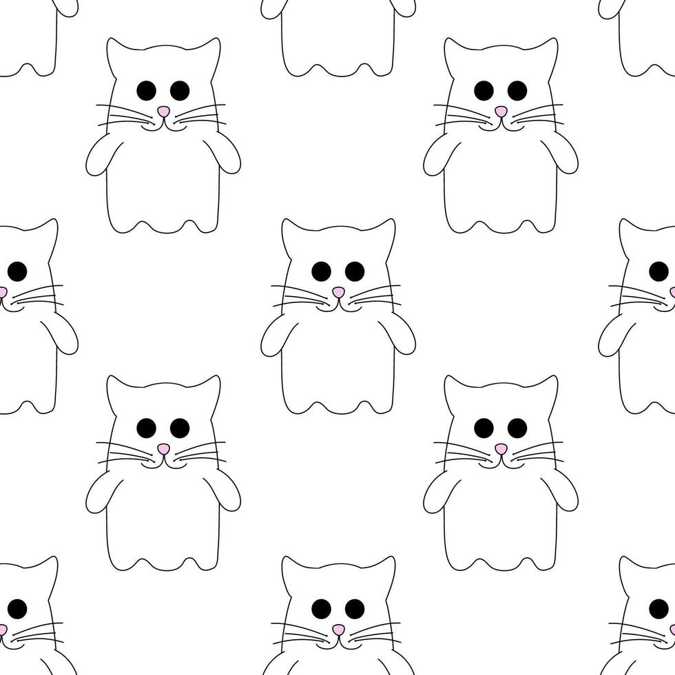 Seamless Pattern with Cute Halloween ghost in costume Cat. Holidays cartoon character on white background. Flat Illustration. vector
