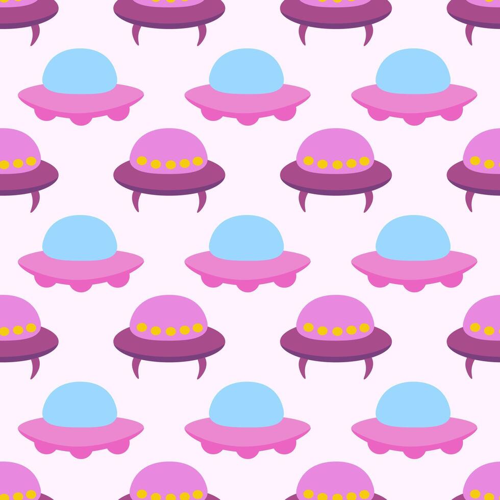 Alien purple spaceship, spacecrafts and UFO Seamless Pattern. Cosmic ship in form saucer for transportation. Children design. cartoon flat illustration. vector