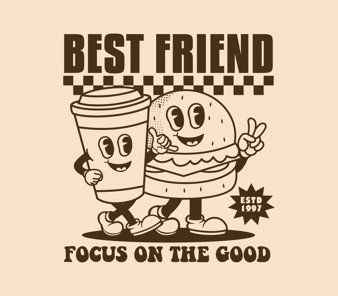 Best Friends Forever slogan featuring cartoon characters of coffee and burger in a retro style. Ideal for stickers, posters, and prints vector