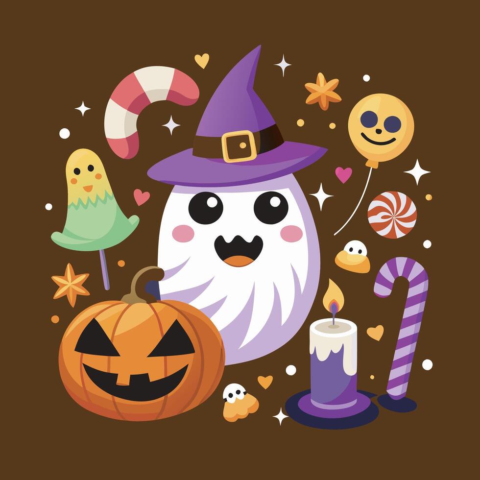 Adorable Halloween Ghost with Witch Hat and Pumpkin vector