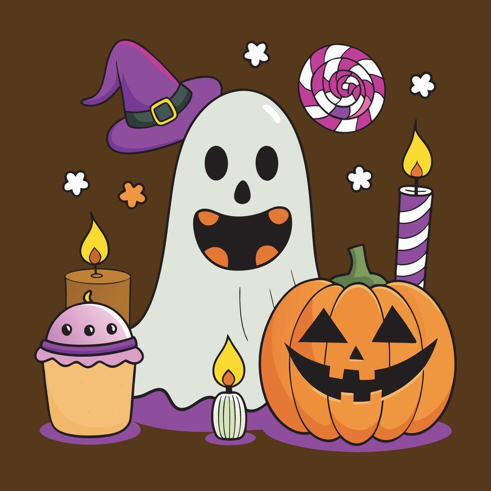 Kawaii Halloween Ghost with Pumpkin and Candy Elements vector