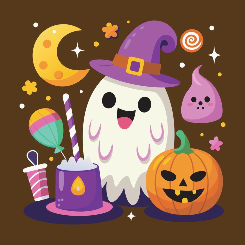 Cute Halloween Ghost and Pumpkin Illustration in Kawaii Style vector
