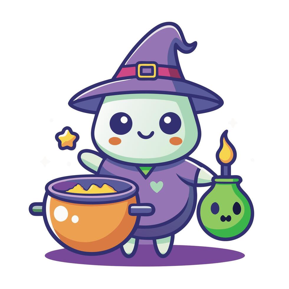Cute Cartoon Witch Brewing Magic Potion in Kawaii Style vector