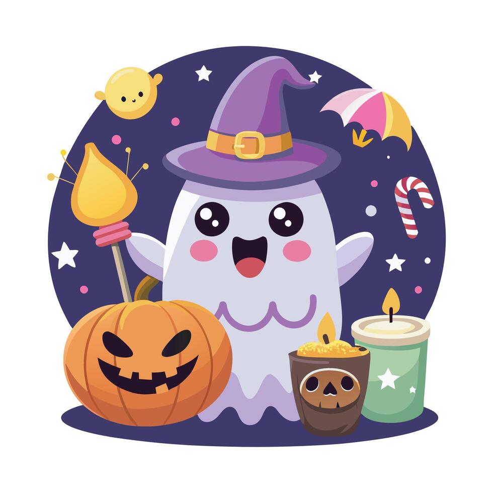 Fun Halloween Ghost with Candy and Jack-o-Lantern Graphic vector