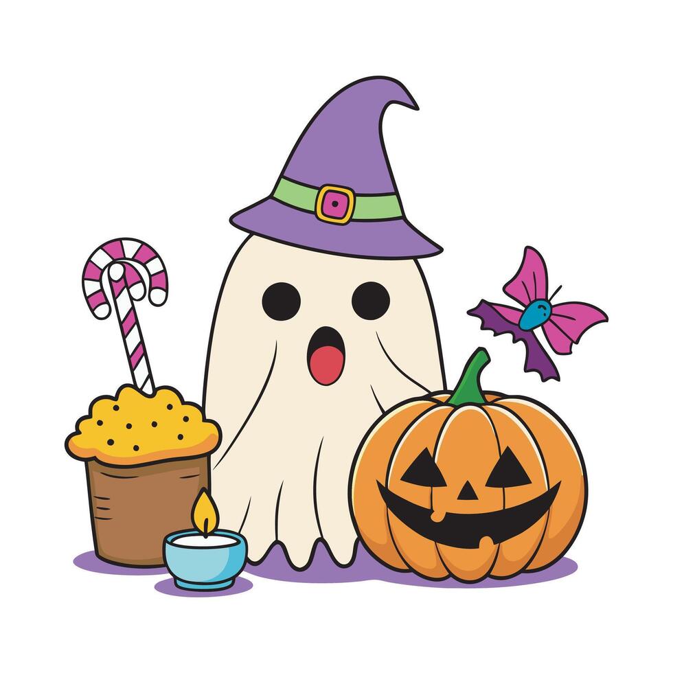 Kawaii Halloween Ghost and Spooky Pumpkin Art vector