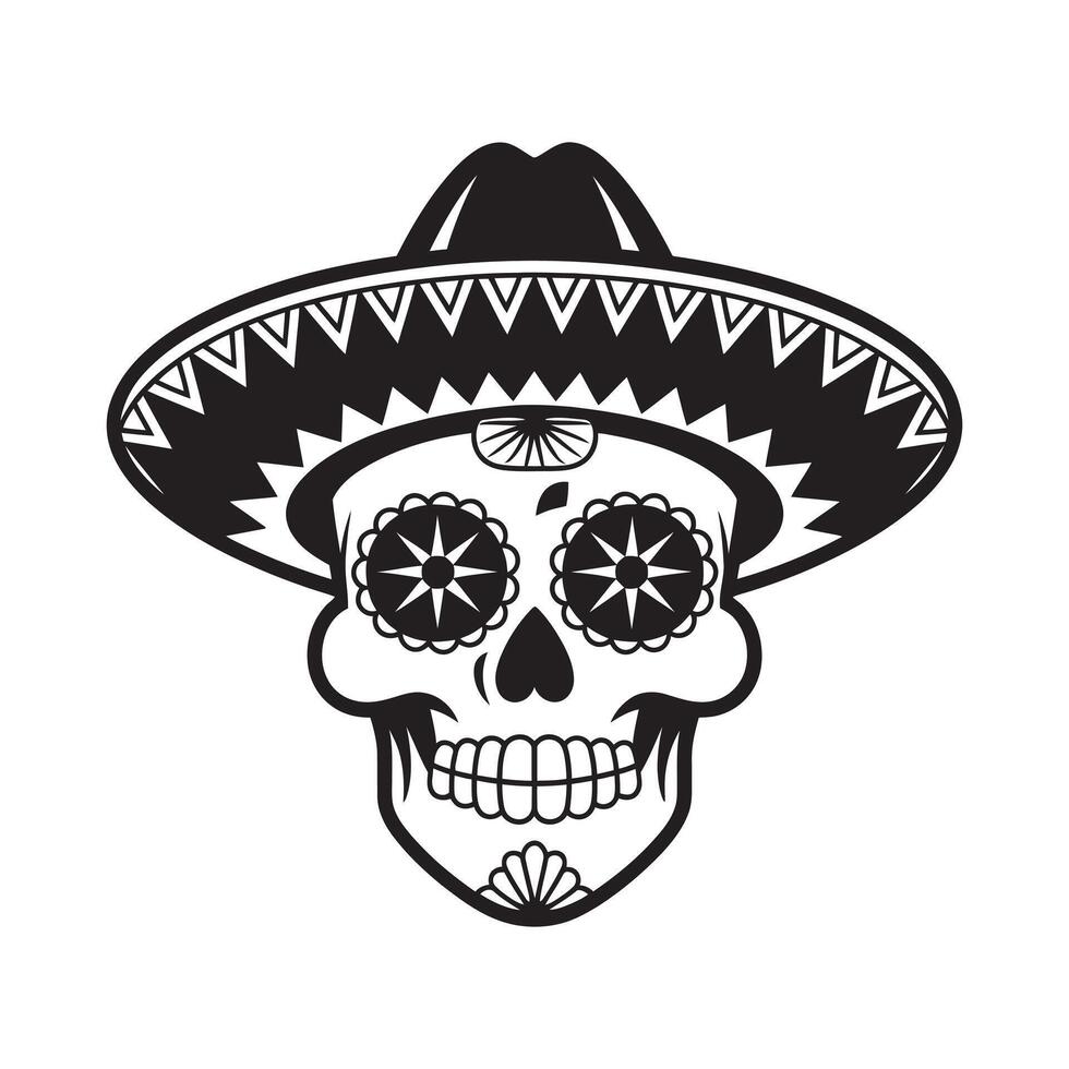 Black and White Traditional Mexican Day of the Dead Skull Illustration vector