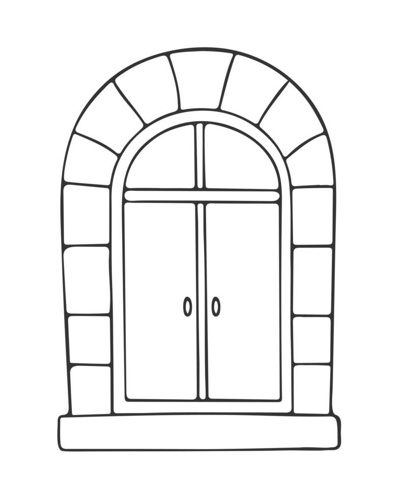 Venetian style door vintage, hand drawn doodle drawing, outline of an antique door, isolated on a white background. vector