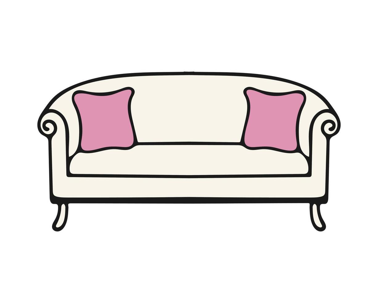 Modern sofa with pink pillows, cozy place for rest and relaxation, element of home interior, isolated on white background.Hand drawn contour doodle drawing. vector