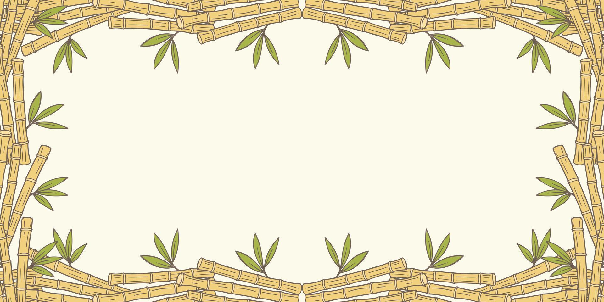 Bamboo frame, light yellow horizontal banner with yellow sticks and green leaf shoots, hand drawn bamboo doodles on white background. vector