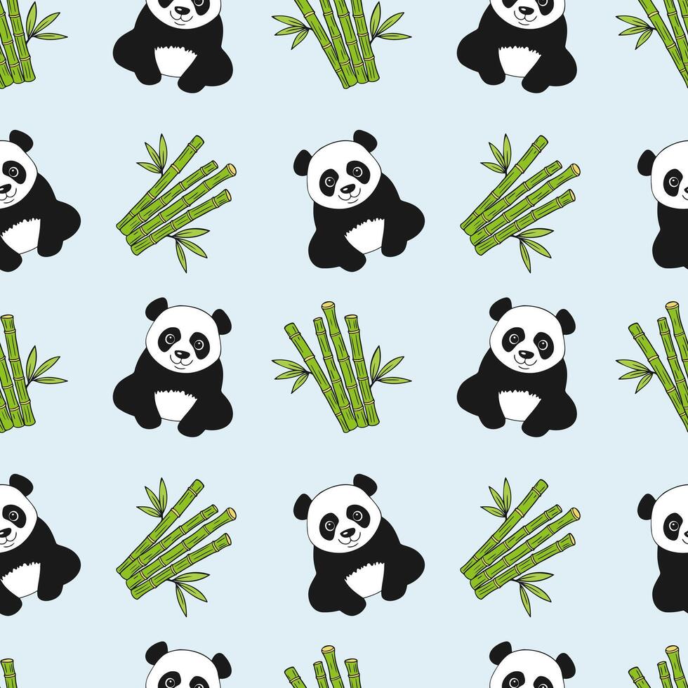 Panda and bamboo pattern on blue background vector