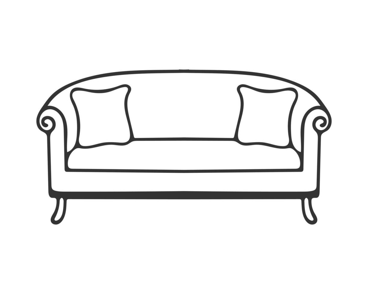 Venetian sofa contour drawing with pillows, cozy place for rest and relaxation, element of home interior, isolated on white background.Hand drawn contour doodle drawing. vector