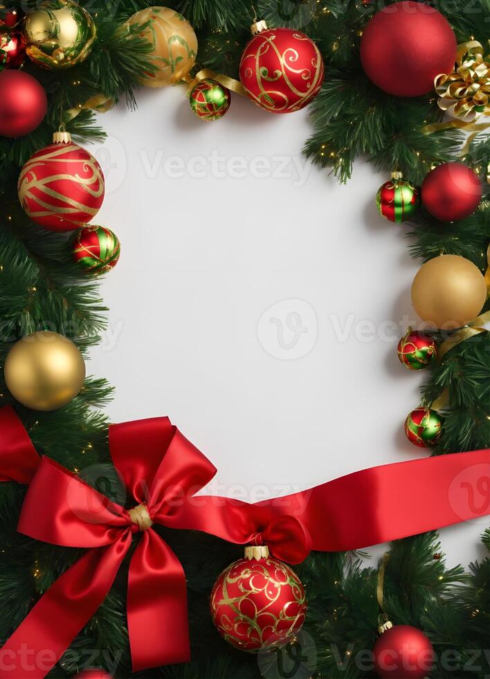 Christmas wreath with red ribbon and ornaments on white background photo