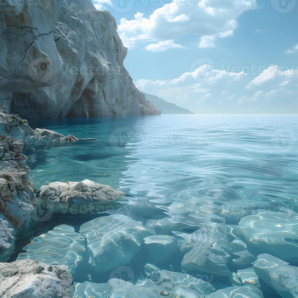 A picture of a beach with rocks and clear crystal water in the foreground photo