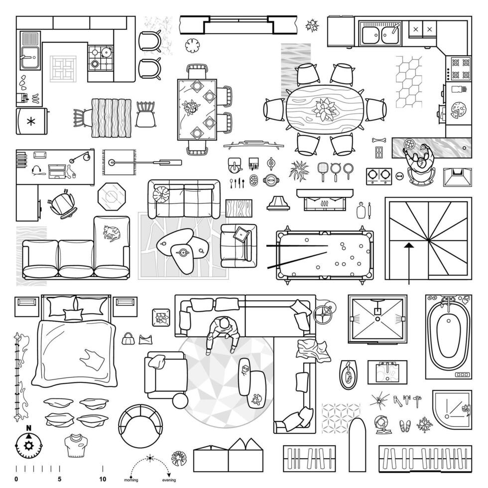 Collection of furniture and equipment top view for house plan. Interior icons set for bathrooms and living room, kitchen and bedroom view from above. Apartment floor plan vector