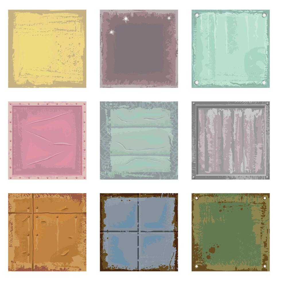 Worn steel banners scratched metal. Background frame in the form of an old iron sheet with shabby edges and worn paint vector