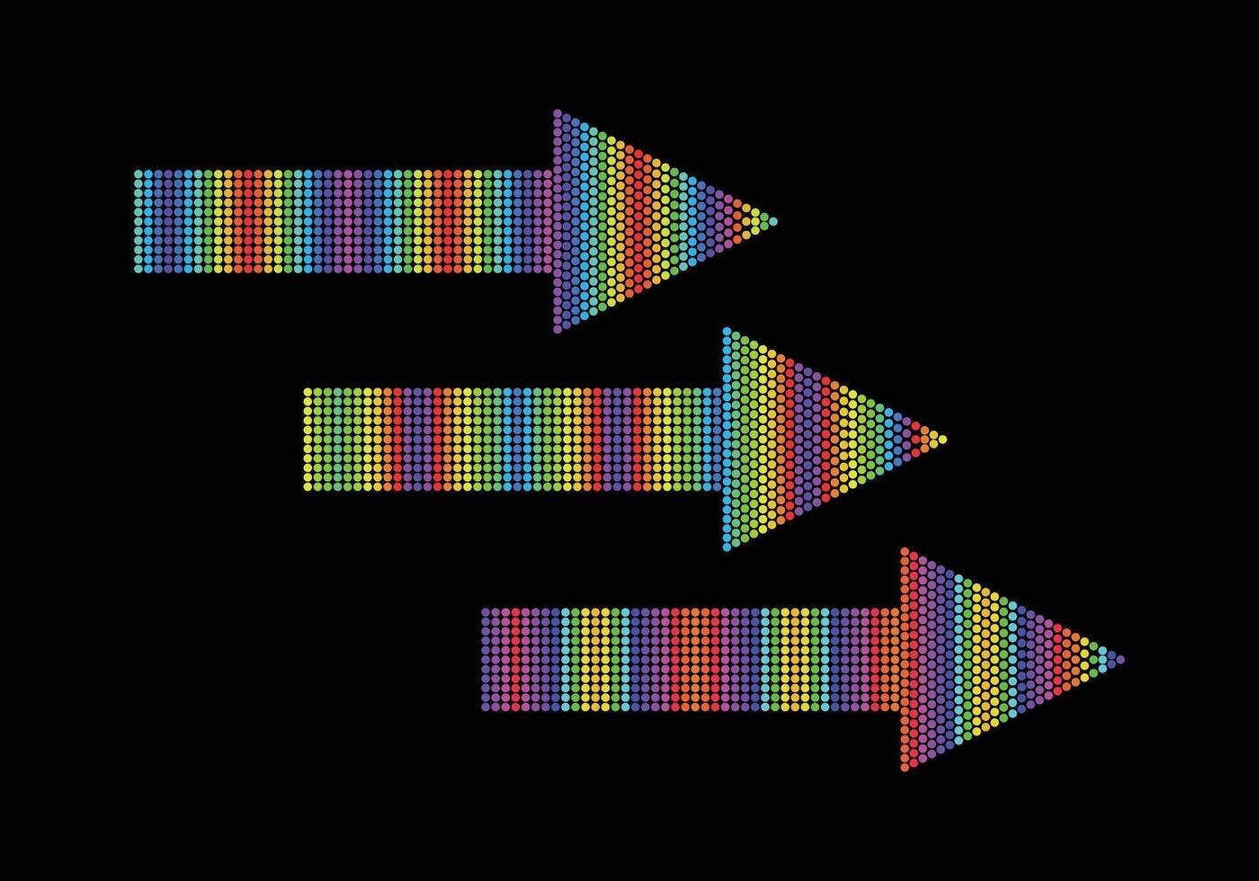 Three arrow halftone rainbow color isolated on a black background. vector