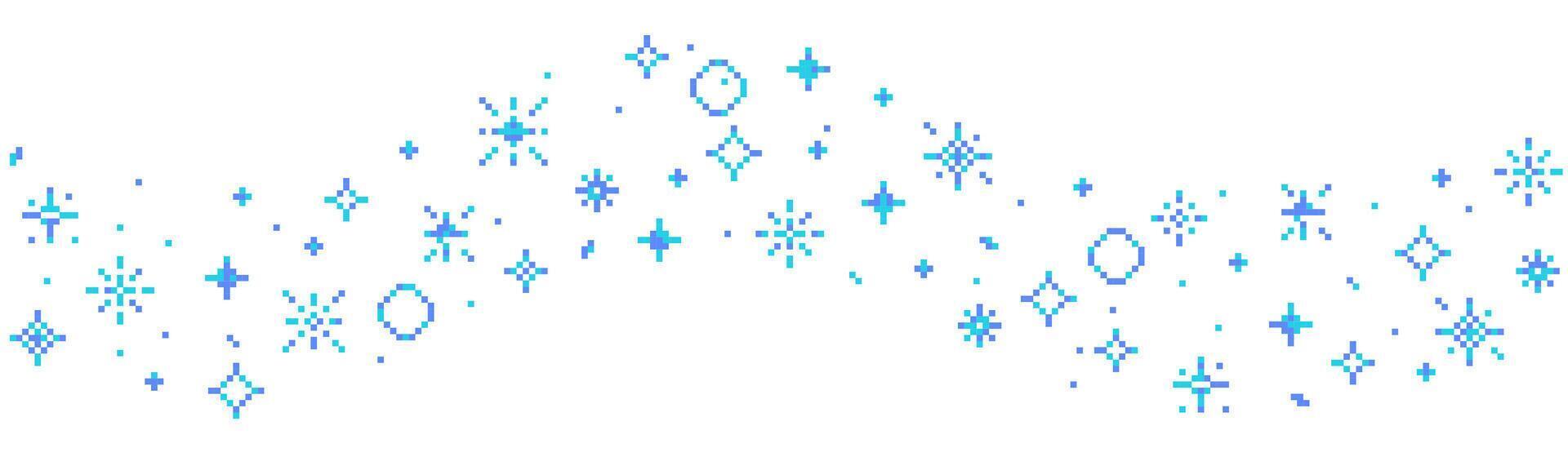 Pixel snow retro 8 bit sparkle wavy border seamless frame. Shiny game pixel art effect set. Firework burst, space decoration. 90s aesthetics, y2k vector