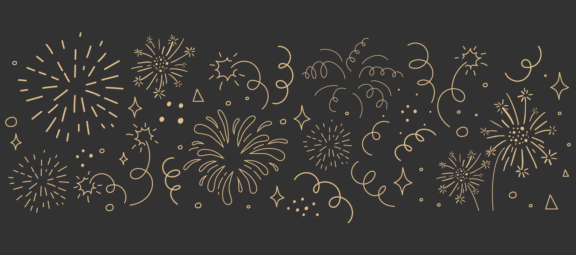 Confetti goden border doodle line drawing. Sketch burst with ribbon dots, firework explosion, firecracker. Celebration simple decor, party seamless holiday on dark background. vector
