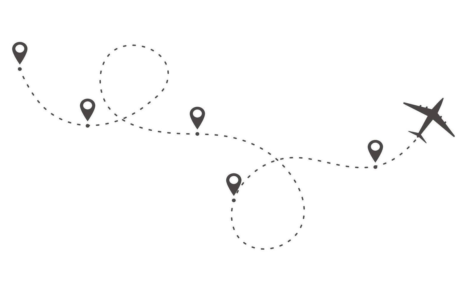 Plane timeine trail dashed line with pin. Infographic destination work process template. Airplane icons, roadmap infographic and travel path routes with location vector